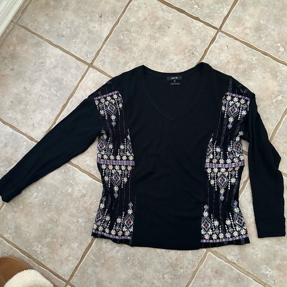 Miss Me Black Long Sleeve Top with Colorful Embroidery